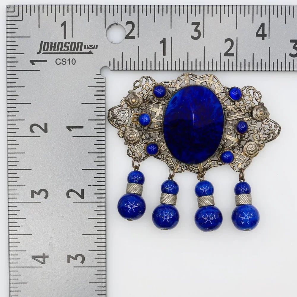 Vintage Dark Blue Sparkly Art‎ Glass Filigree Czech Brooch Beaded Dangles 1930s